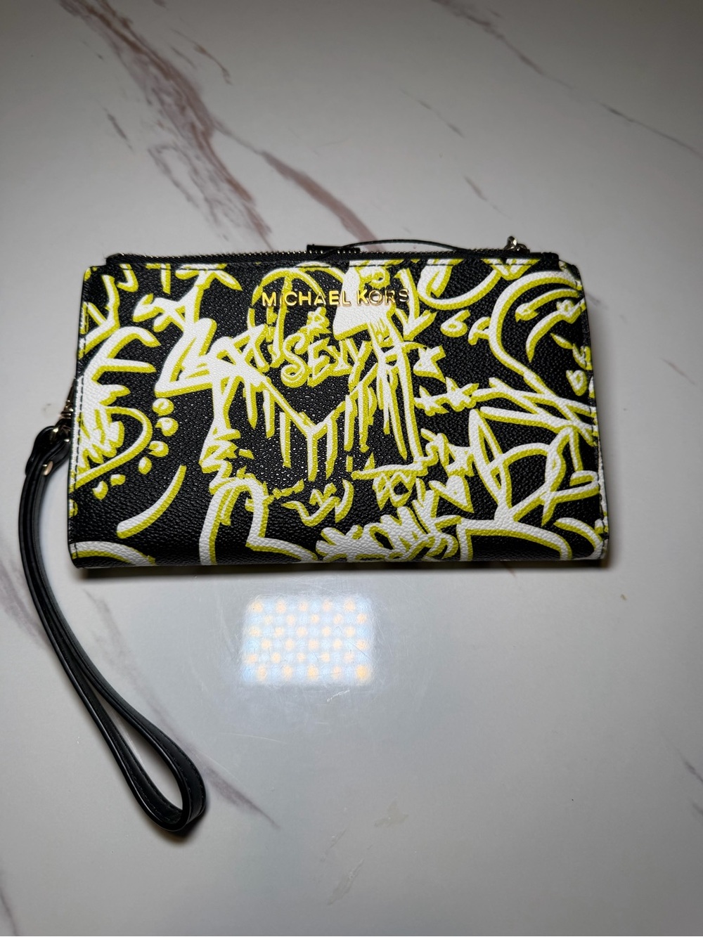 MICHAEL Michael Kors Black Yellow Graffiti Logo Wristlet Wallet Zip Wrist Strap